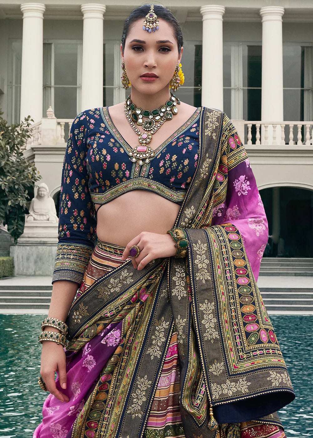 Navy Blue &amp; Purple Banarasi Silk Lehenga Choli