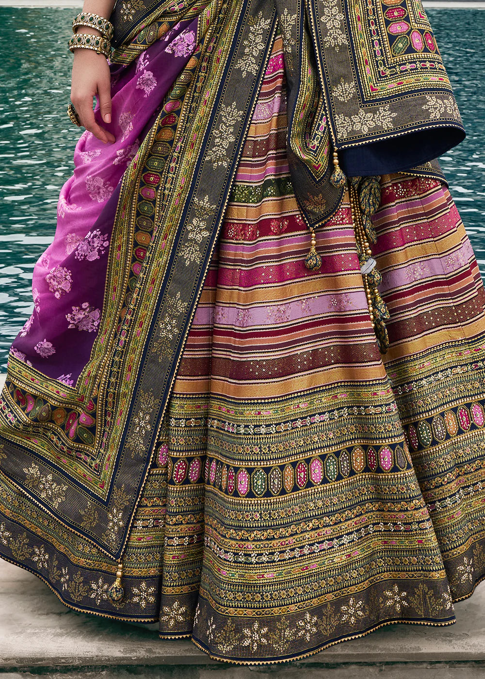 Navy Blue &amp; Purple Banarasi Silk Lehenga Choli