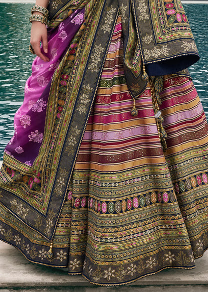 Navy Blue &amp; Purple Banarasi Silk Lehenga Choli