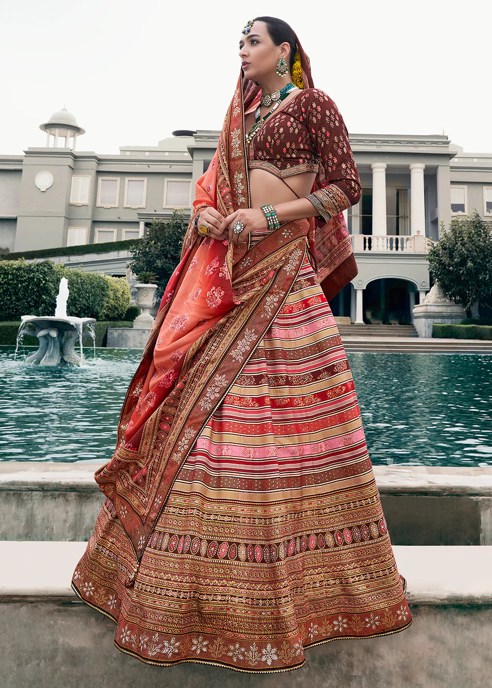 Peach Pink &amp; Rust Orange Banarasi Silk Lehenga