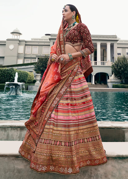 Peach Pink &amp; Rust Orange Banarasi Silk Lehenga