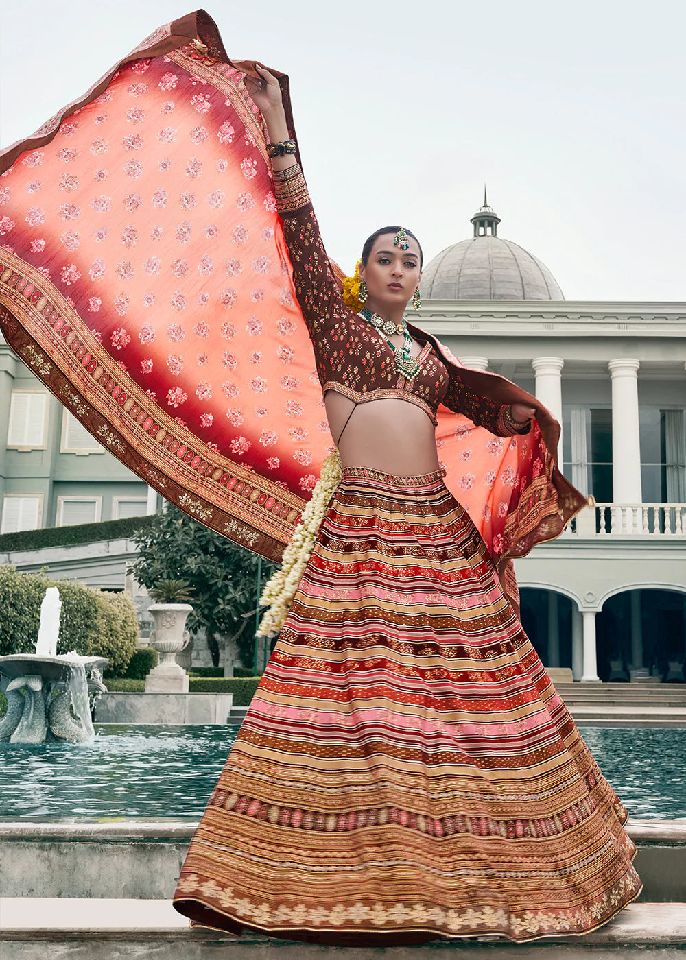 Peach Pink &amp; Rust Orange Banarasi Silk Lehenga