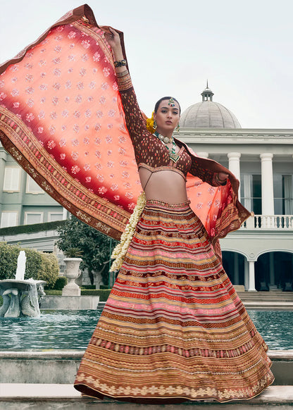 Peach Pink &amp; Rust Orange Banarasi Silk Lehenga