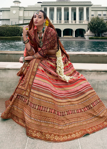 Peach Pink &amp; Rust Orange Banarasi Silk Lehenga