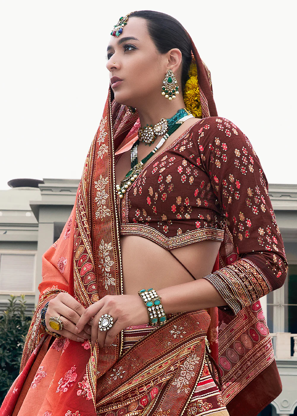 Peach Pink &amp; Rust Orange Banarasi Silk Lehenga