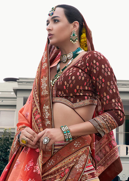 Peach Pink &amp; Rust Orange Banarasi Silk Lehenga