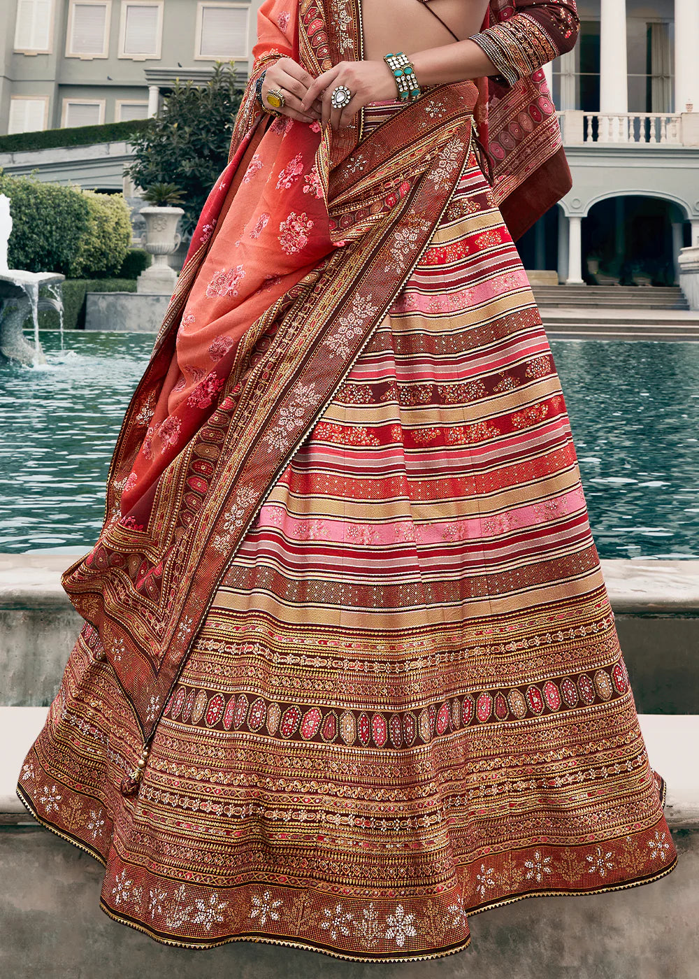 Peach Pink &amp; Rust Orange Banarasi Silk Lehenga