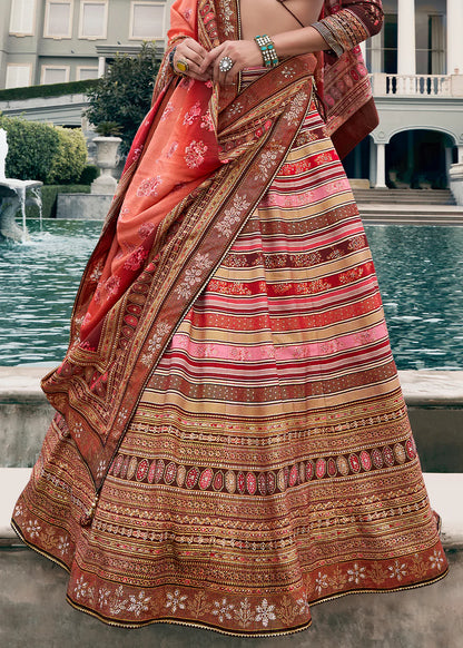 Peach Pink &amp; Rust Orange Banarasi Silk Lehenga