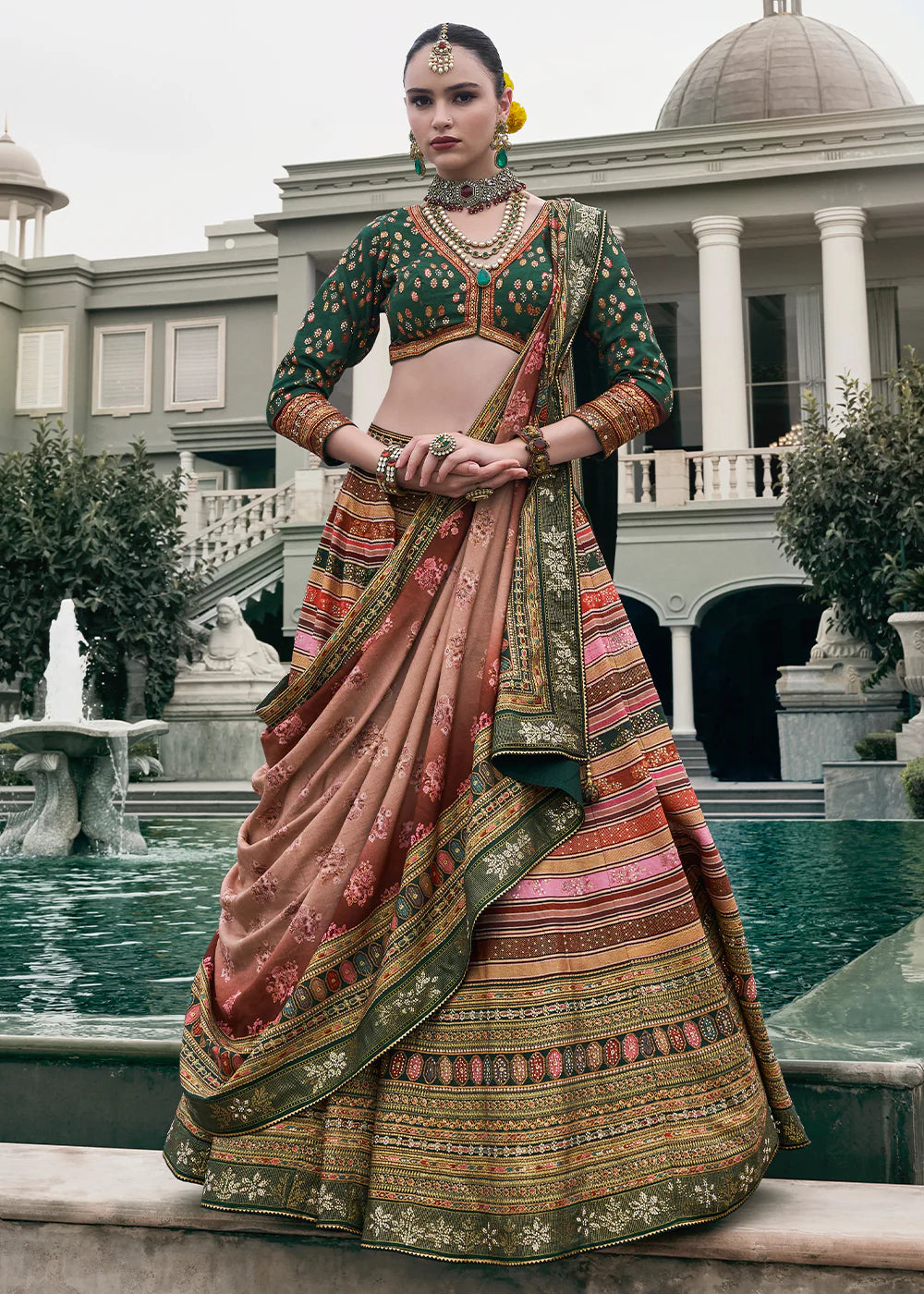 Rose Gold &amp; Sage Green Designer Banarasi Silk Lehenga