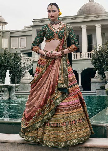 Rose Gold &amp; Sage Green Designer Banarasi Silk Lehenga