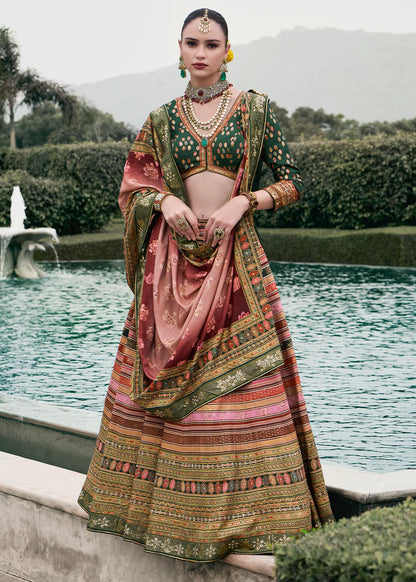 Rose Gold &amp; Sage Green Designer Banarasi Silk Lehenga