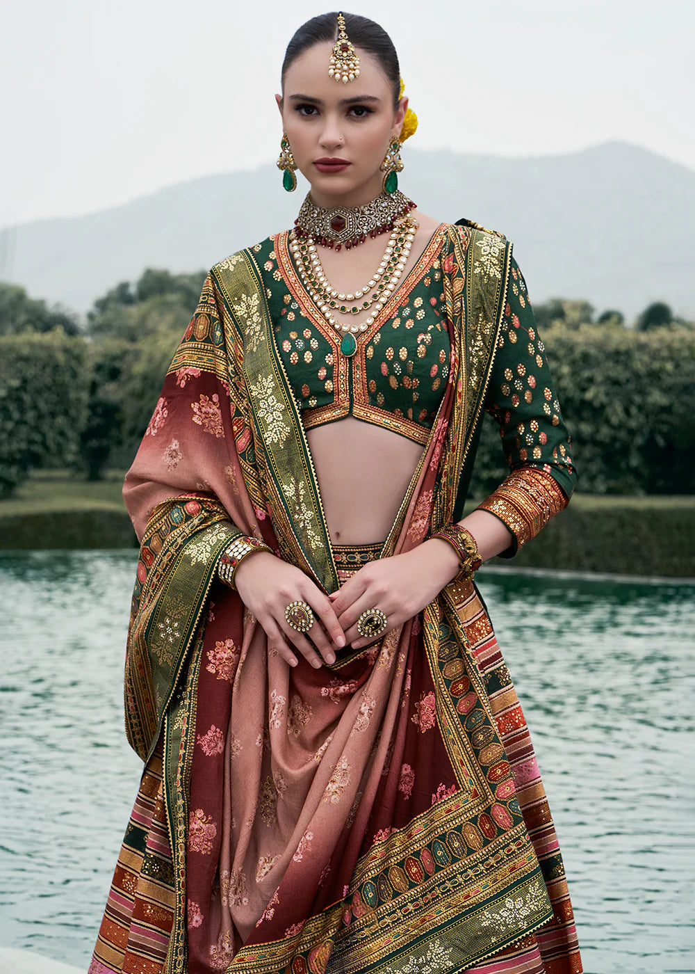 Rose Gold &amp; Sage Green Designer Banarasi Silk Lehenga