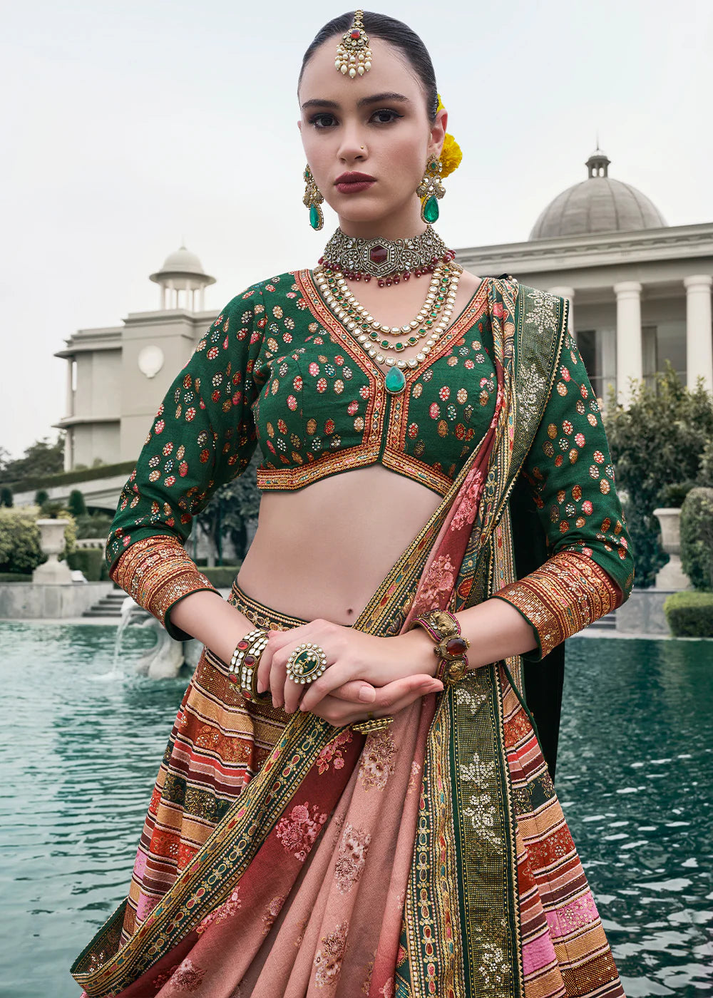 Rose Gold &amp; Sage Green Designer Banarasi Silk Lehenga