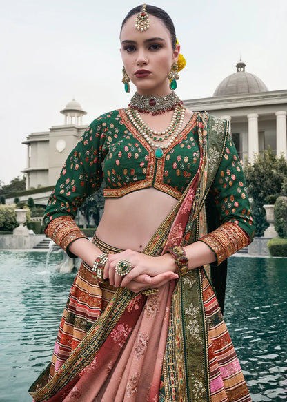 Rose Gold &amp; Sage Green Designer Banarasi Silk Lehenga