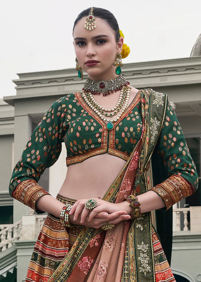 Rose Gold &amp; Sage Green Designer Banarasi Silk Lehenga