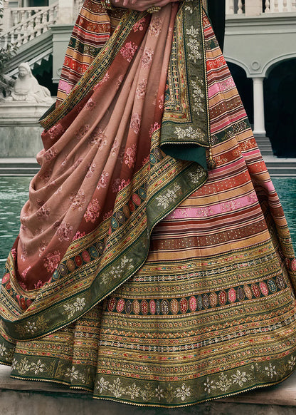 Rose Gold &amp; Sage Green Designer Banarasi Silk Lehenga