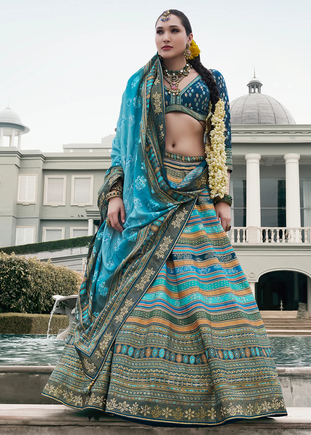 Sky Blue &amp; Silver Designer Banarasi Silk Lehenga Choli