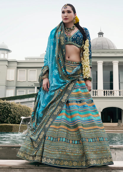 Sky Blue &amp; Silver Designer Banarasi Silk Lehenga Choli