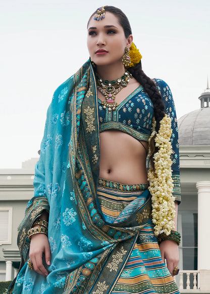 Sky Blue &amp; Silver Designer Banarasi Silk Lehenga Choli