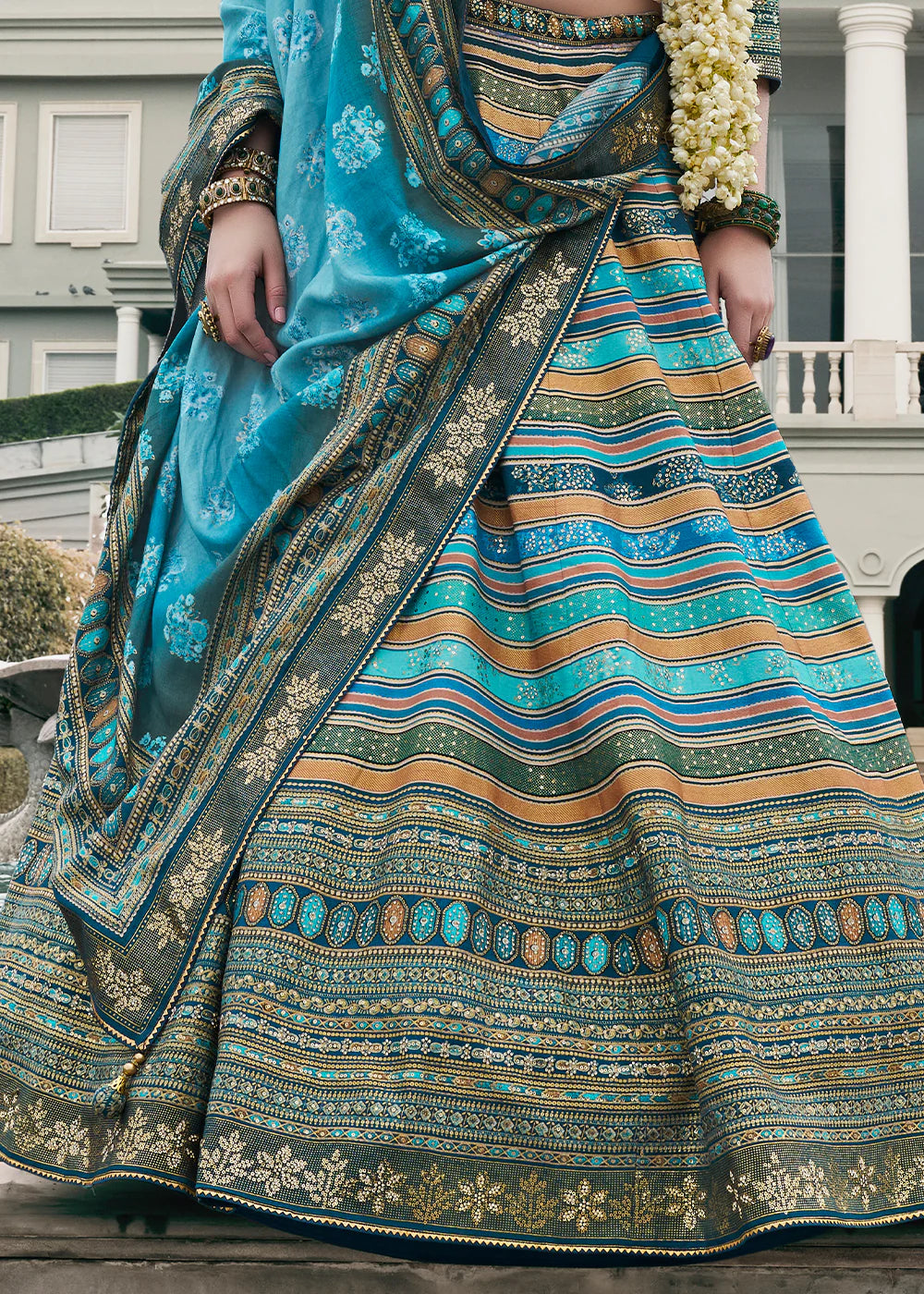 Sky Blue &amp; Silver Designer Banarasi Silk Lehenga Choli