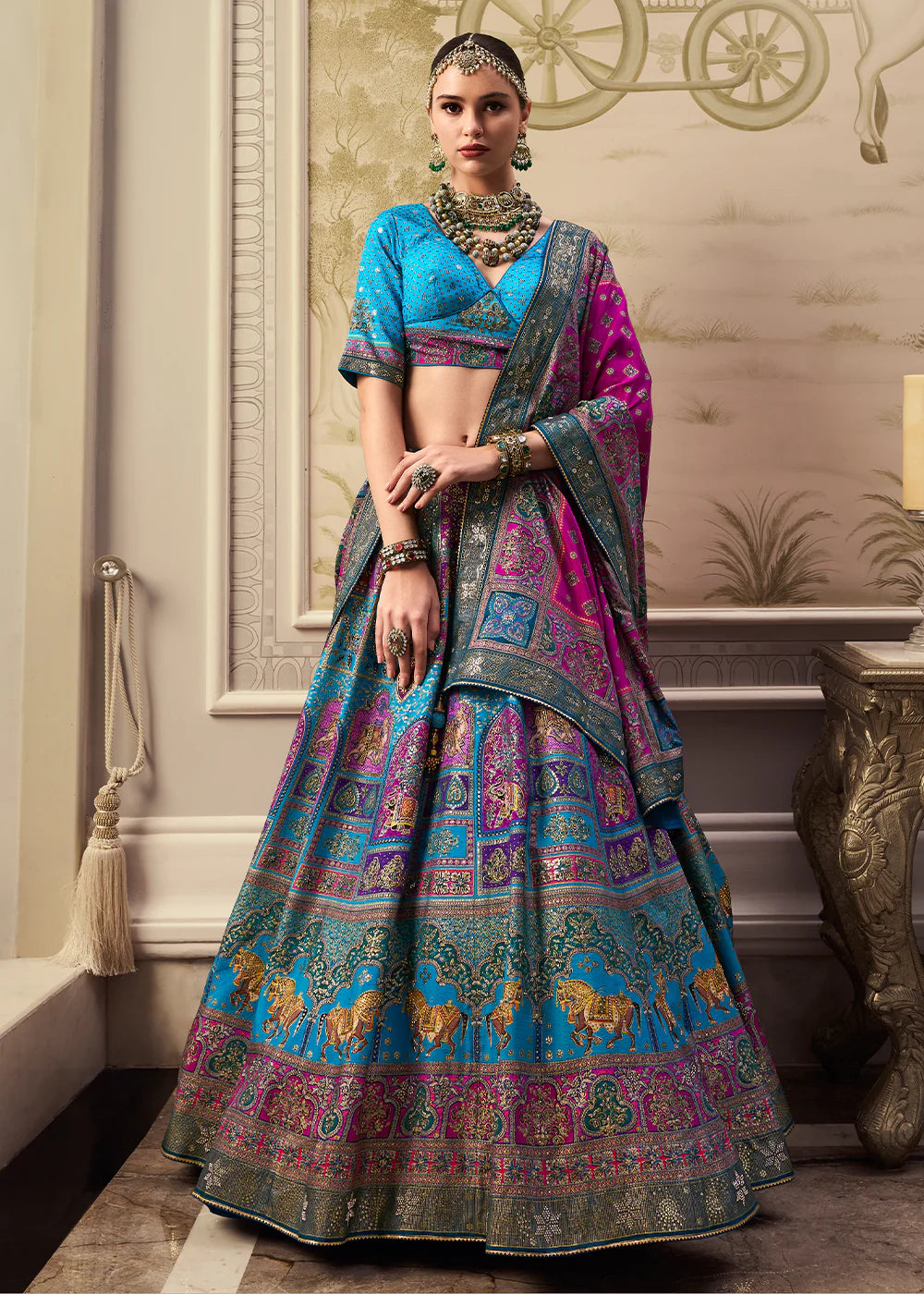 Teal Blue &amp; Purple Banarasi Silk Lehenga Choli with Rich Zari Weaving