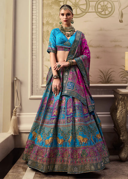 Teal Blue &amp; Purple Banarasi Silk Lehenga Choli with Rich Zari Weaving