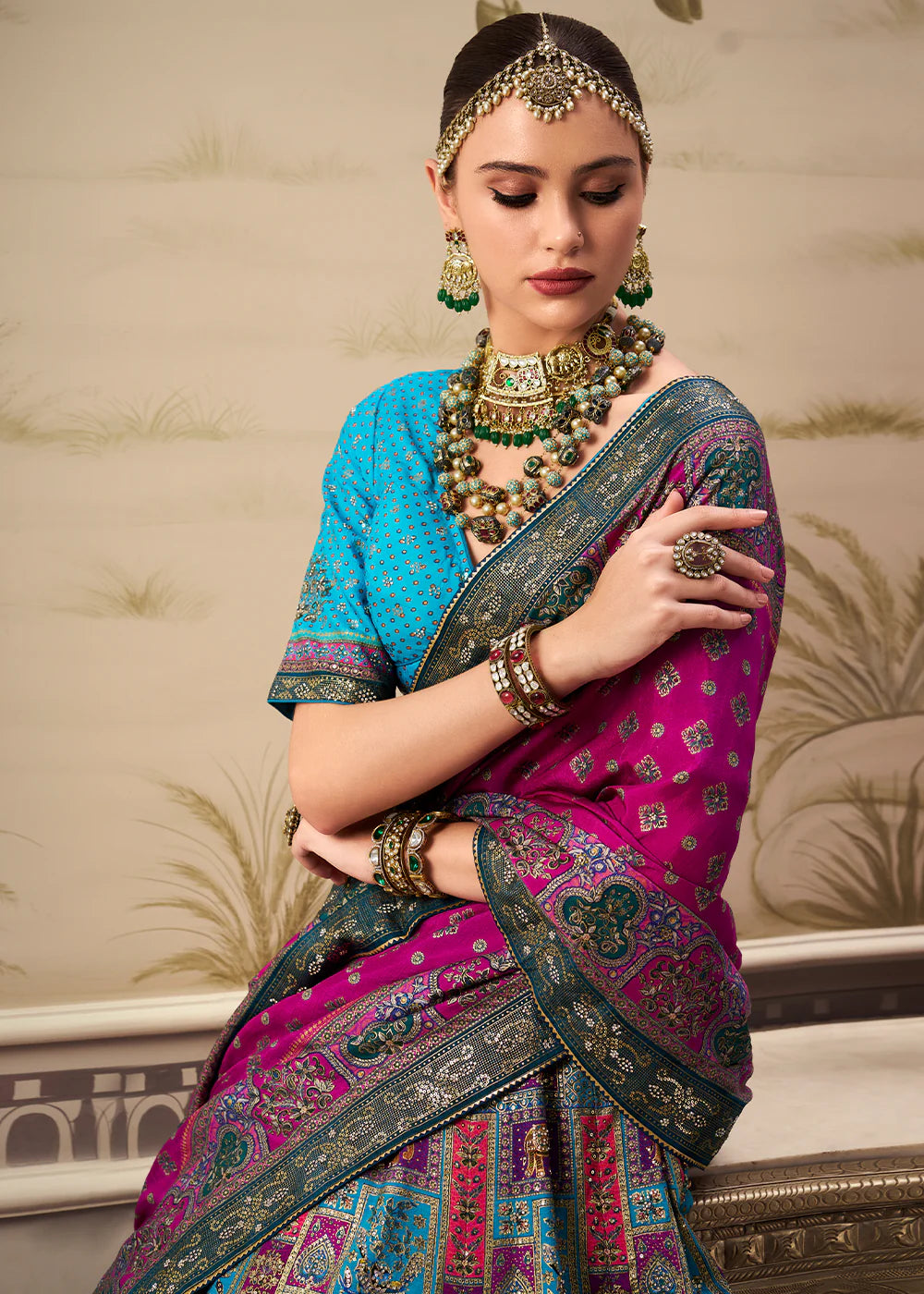 Teal Blue &amp; Purple Banarasi Silk Lehenga Choli with Rich Zari Weaving