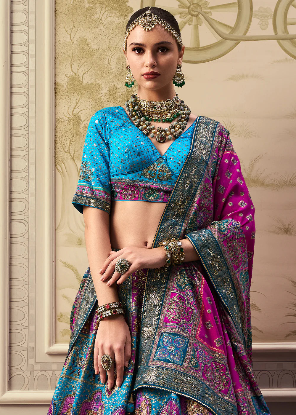 Teal Blue &amp; Purple Banarasi Silk Lehenga Choli with Rich Zari Weaving