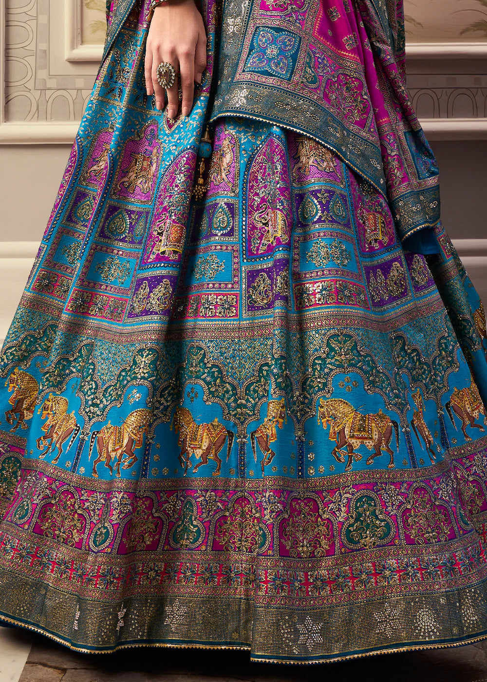 Teal Blue &amp; Purple Banarasi Silk Lehenga Choli with Rich Zari Weaving