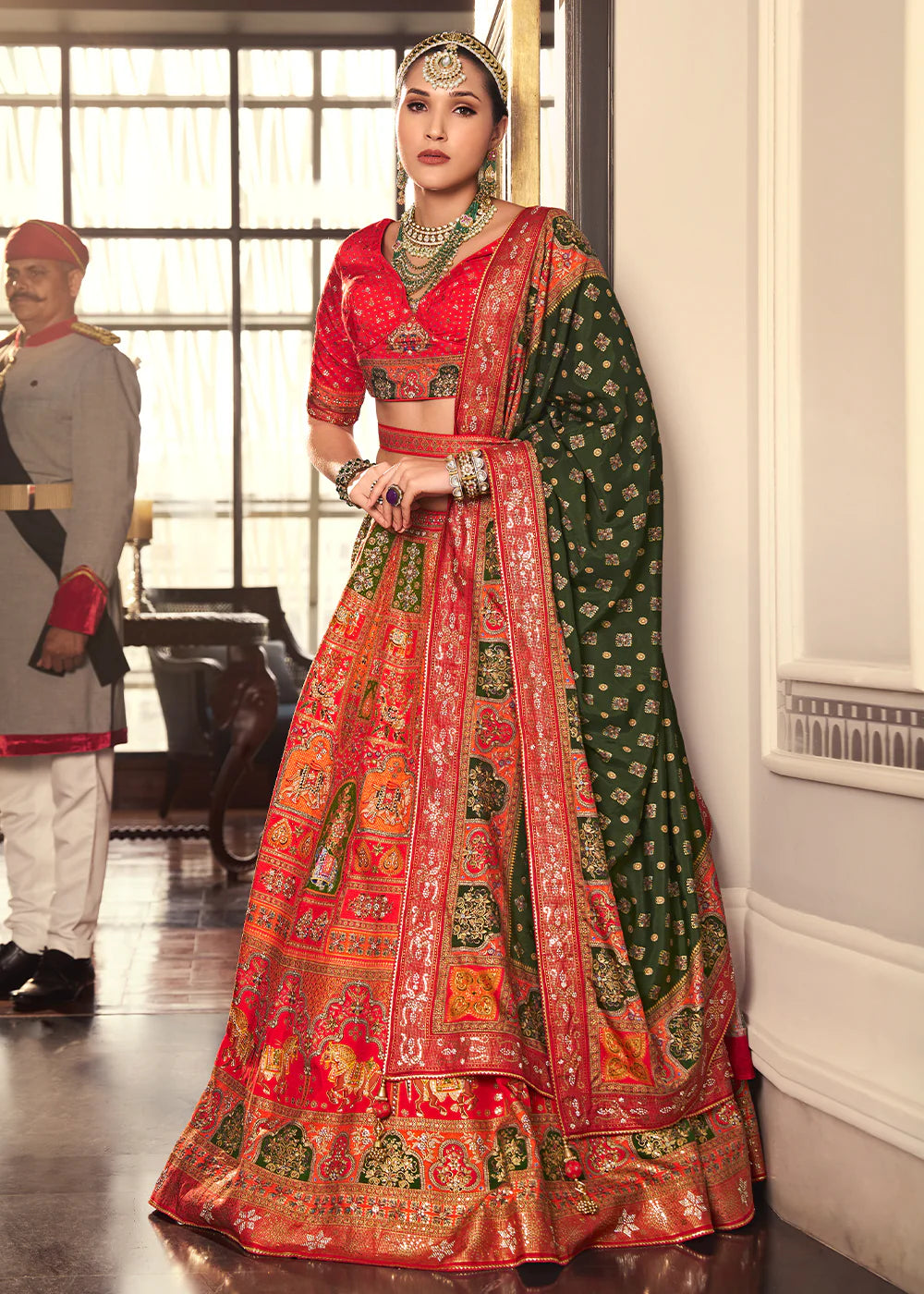 Coral Red Banarasi Silk Lehenga Choli with Heritage Weaving Design