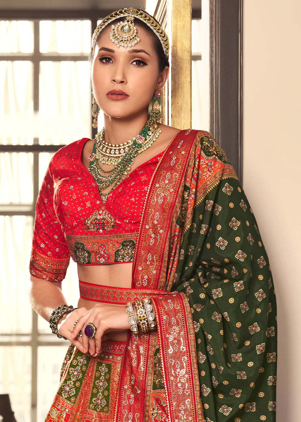 Coral Red Banarasi Silk Lehenga Choli with Heritage Weaving Design