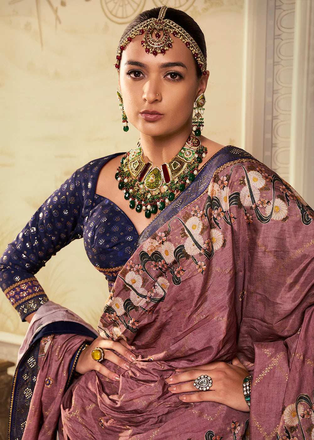 Navy Blue &amp; Dusty Rose Banarasi Silk Lehenga Choli