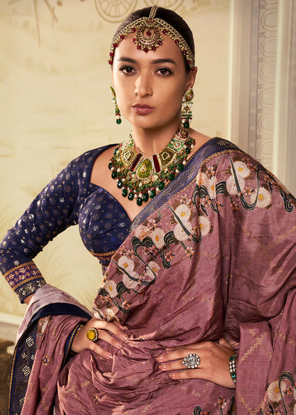 Navy Blue &amp; Dusty Rose Banarasi Silk Lehenga Choli