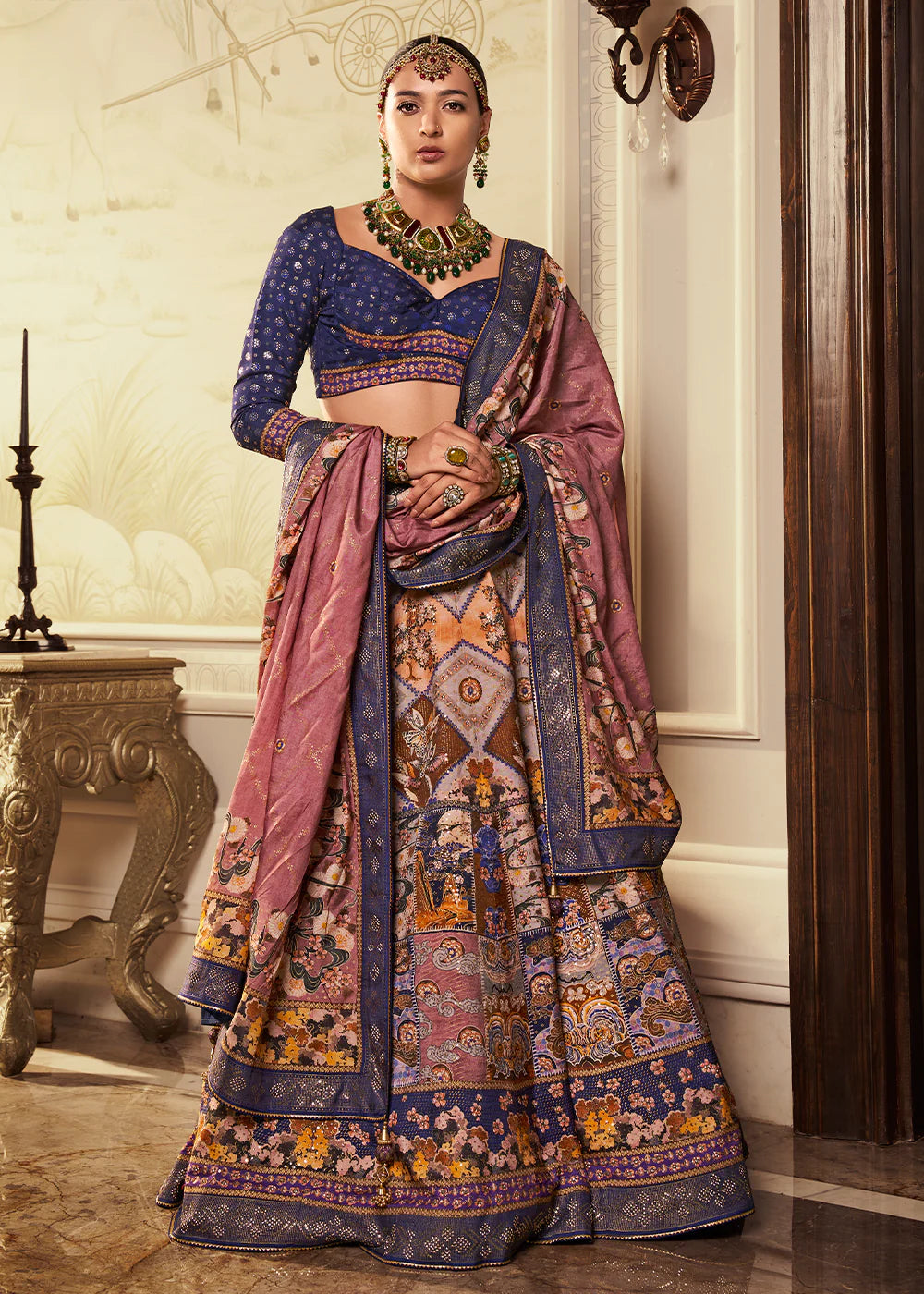 Navy Blue &amp; Dusty Rose Banarasi Silk Lehenga Choli