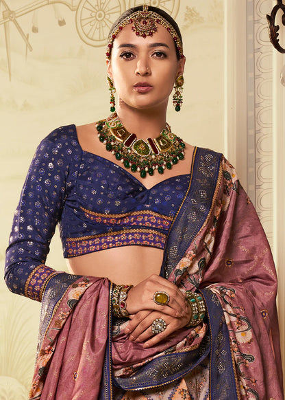Navy Blue &amp; Dusty Rose Banarasi Silk Lehenga Choli