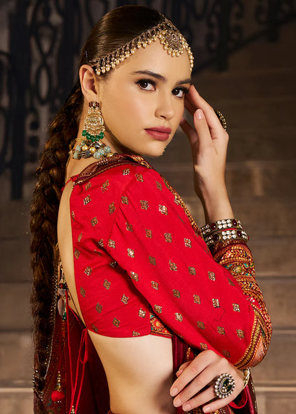 Ruby Red Banarasi Silk Lehenga Choli with Traditional Weaving