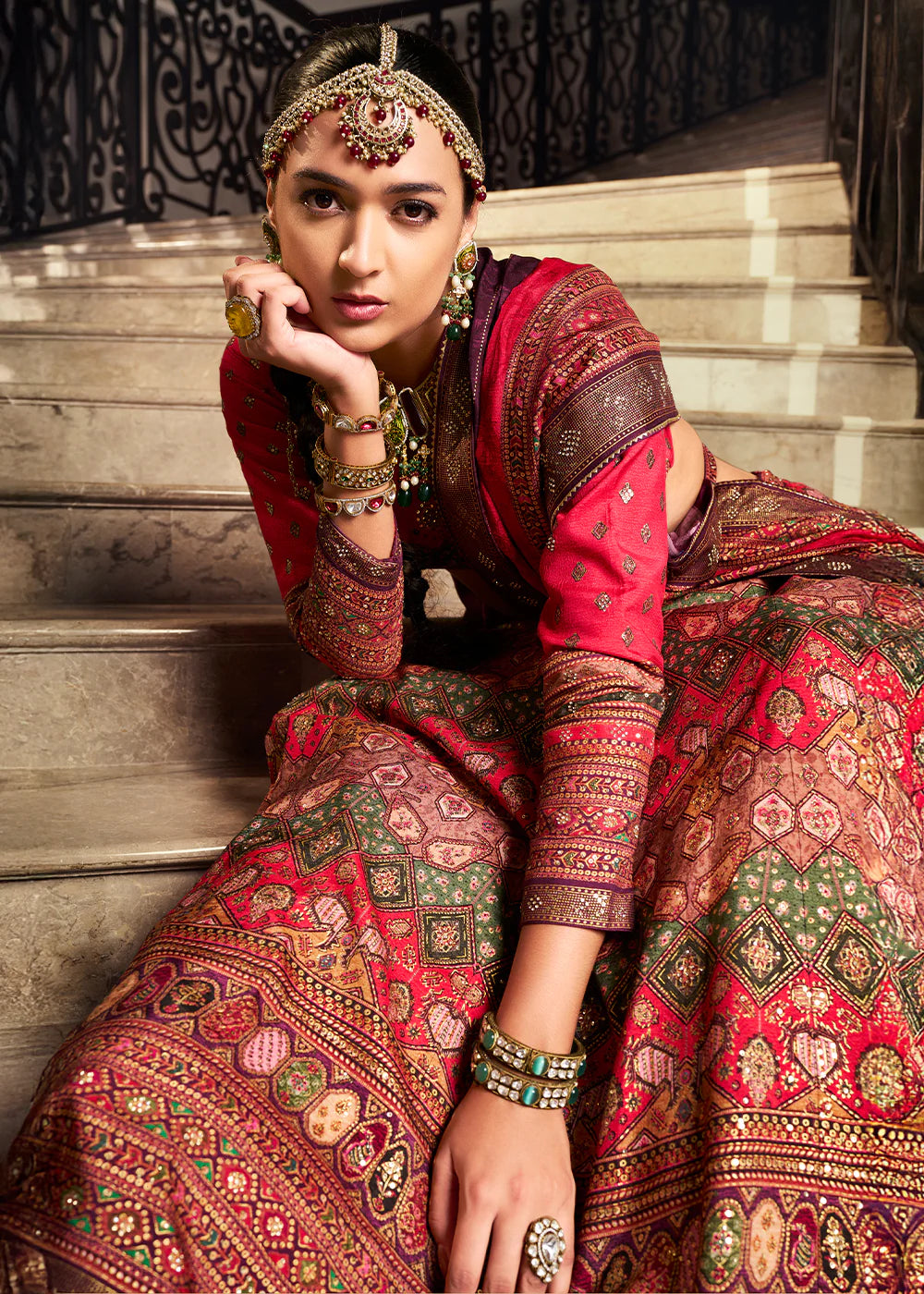Red Banarasi Silk Lehenga Choli with Heavy Traditional Weaving