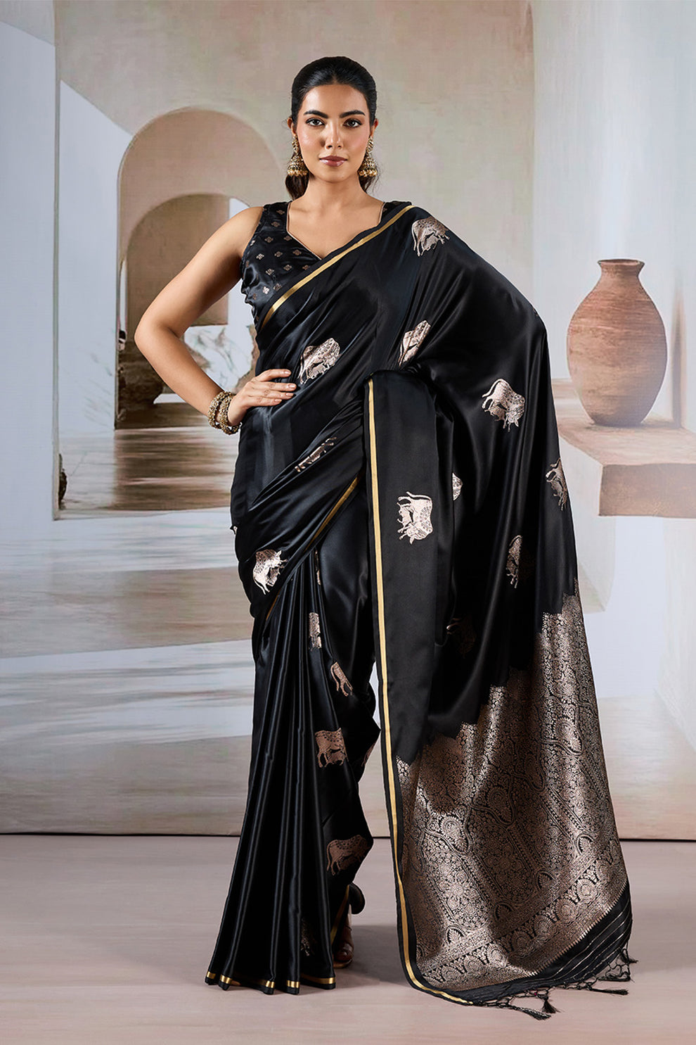 Black Pure Soft Satin Pichwai Handloom Weaving Saree ##color## Japan Satin Saree with premium fabric and embroidery