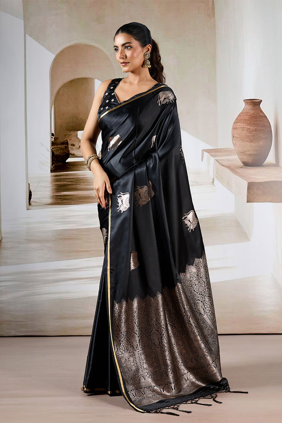 Black Pure Soft Satin Pichwai Handloom Weaving Saree ##color## Japan Satin Saree with premium fabric and embroidery