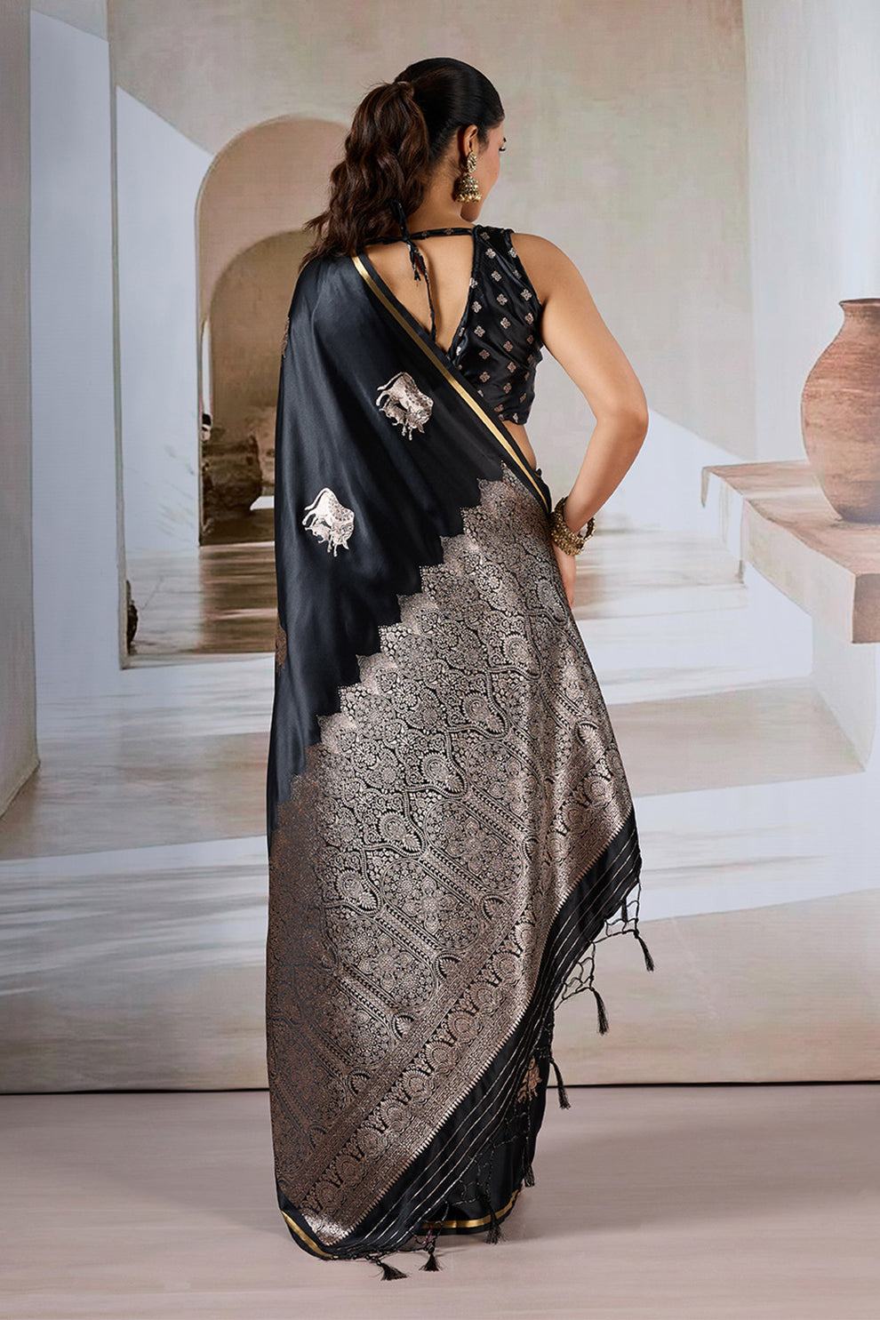 Black Pure Soft Satin Pichwai Handloom Weaving Saree ##color## Japan Satin Saree with premium fabric and embroidery