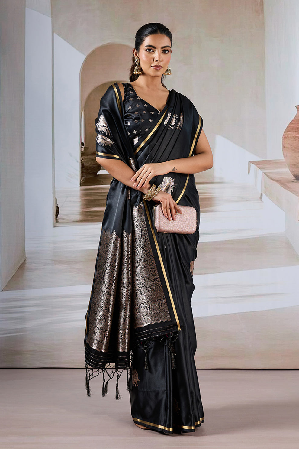 Black Pure Soft Satin Pichwai Handloom Weaving Saree ##color## Japan Satin Saree with premium fabric and embroidery