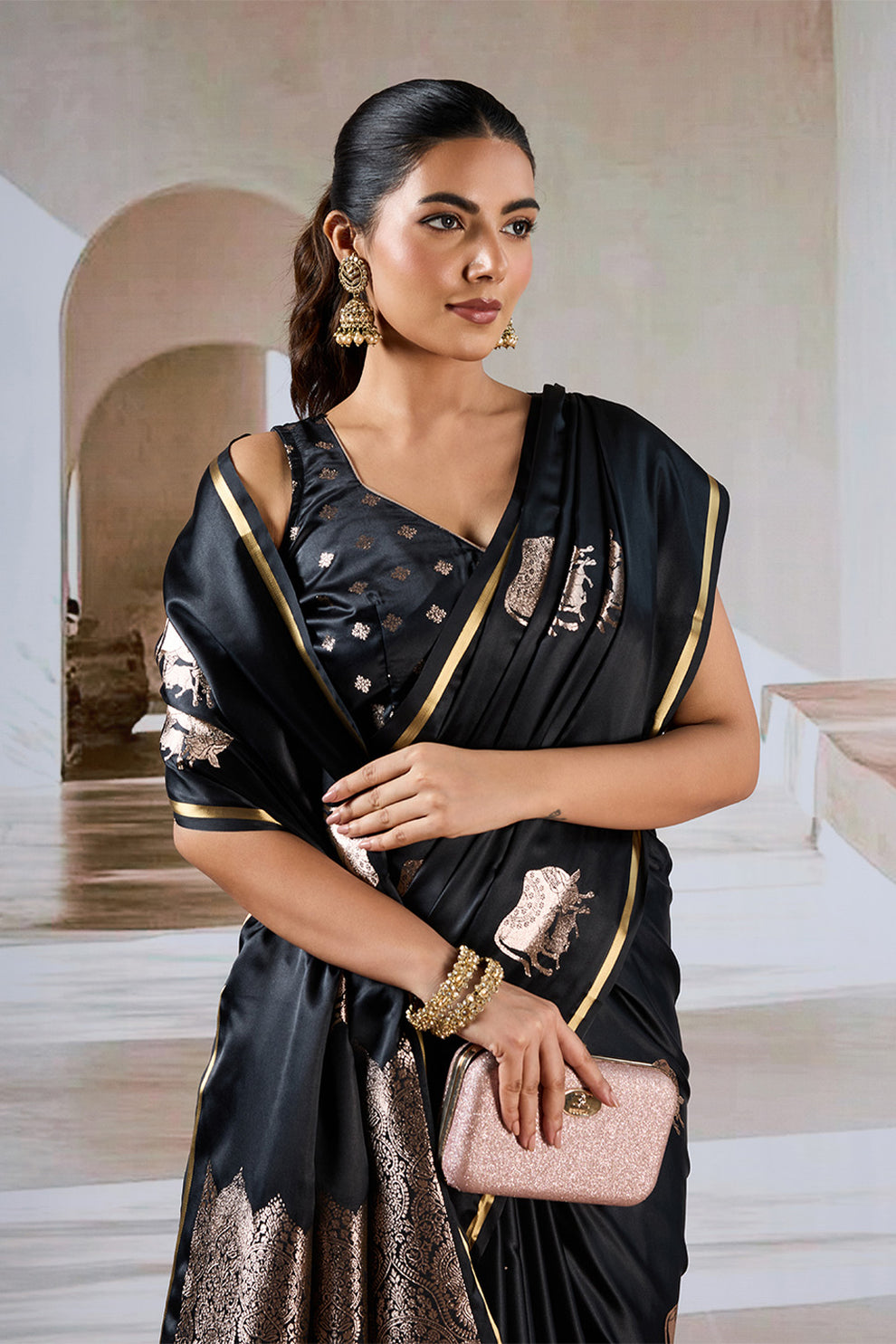 Black Pure Soft Satin Pichwai Handloom Weaving Saree ##color## Japan Satin Saree with premium fabric and embroidery