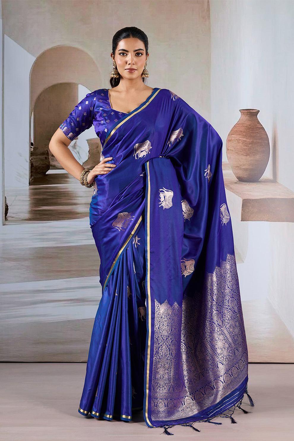 Navy Blue Pure Soft Satin Pichwai Handloom Weaving Saree ##color## Japan Satin Saree with premium fabric and embroidery