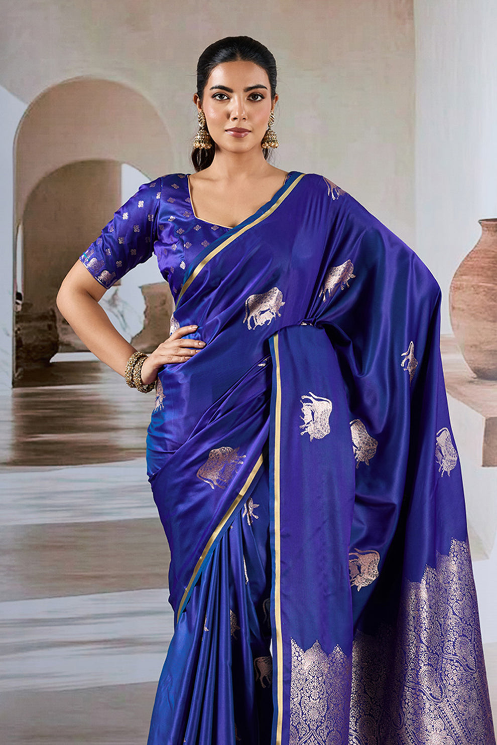 Navy Blue Pure Soft Satin Pichwai Handloom Weaving Saree ##color## Japan Satin Saree with premium fabric and embroidery