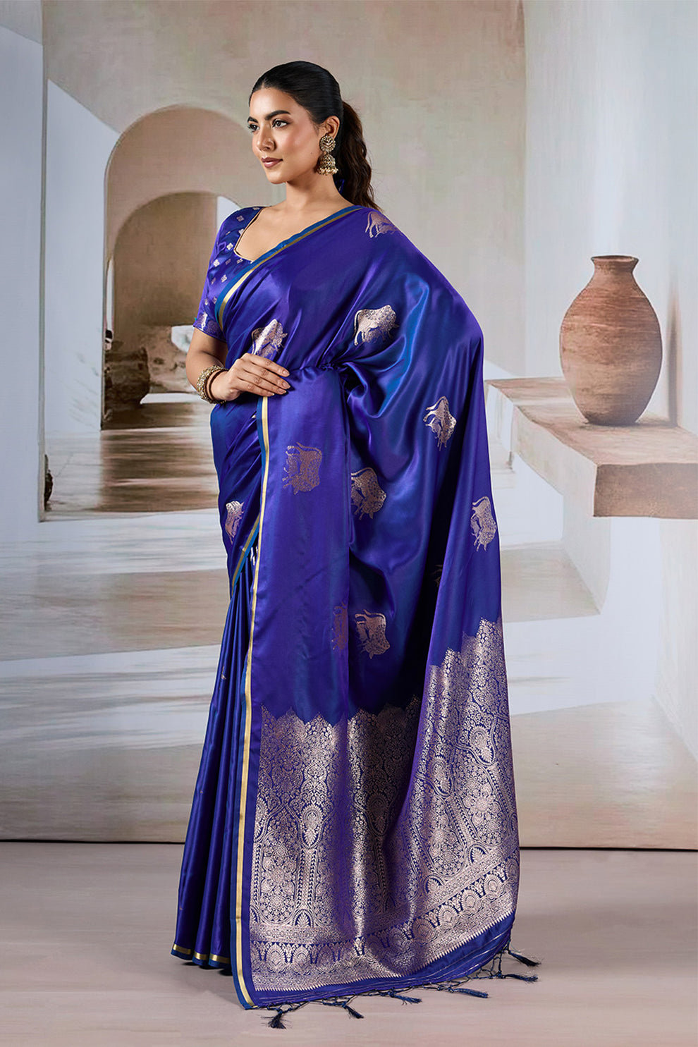 Navy Blue Pure Soft Satin Pichwai Handloom Weaving Saree ##color## Japan Satin Saree with premium fabric and embroidery