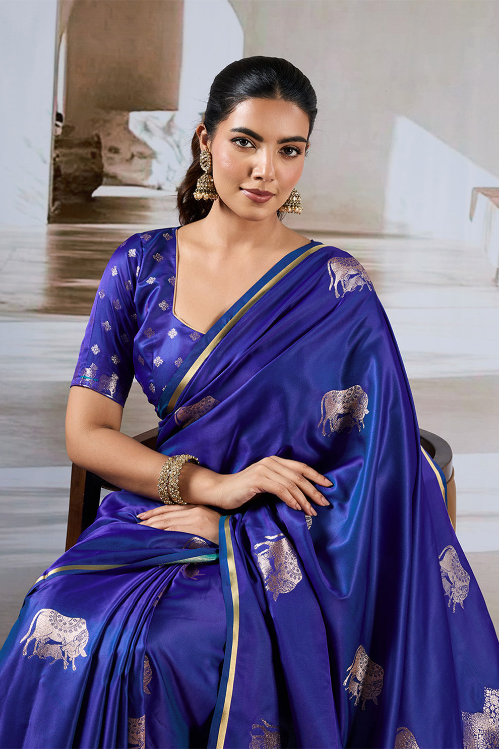 Navy Blue Pure Soft Satin Pichwai Handloom Weaving Saree ##color## Japan Satin Saree with premium fabric and embroidery