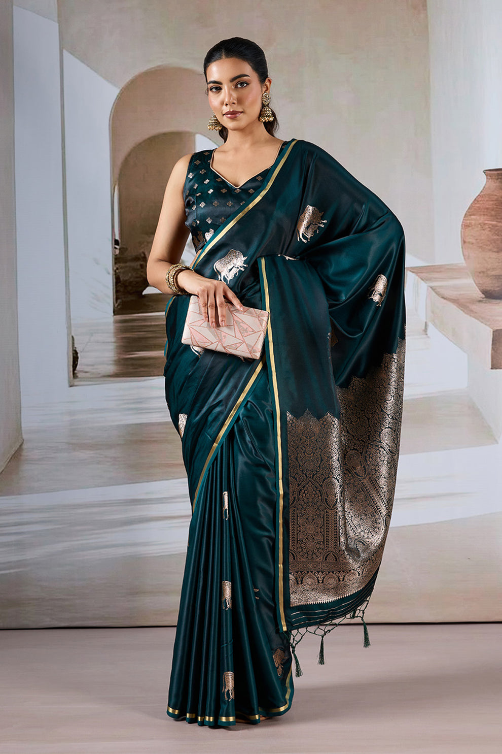 Green Pure Soft Satin Pichwai Handloom Weaving Saree ##color## Japan Satin Saree with premium fabric and embroidery