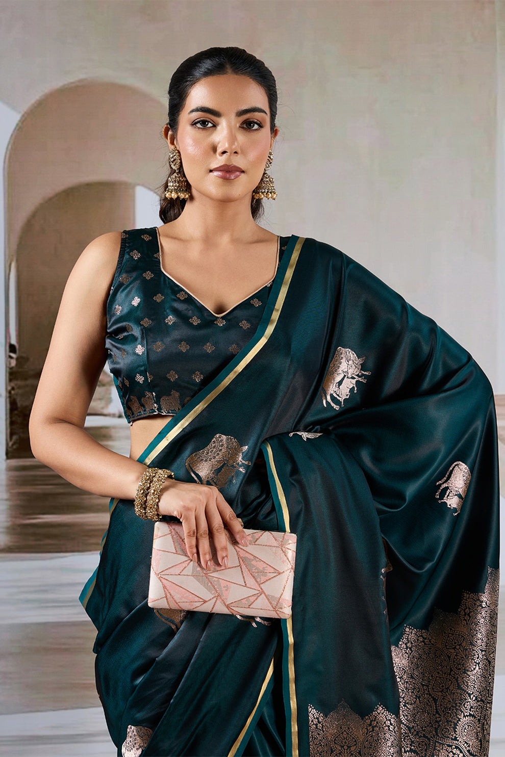 Green Pure Soft Satin Pichwai Handloom Weaving Saree ##color## Japan Satin Saree with premium fabric and embroidery