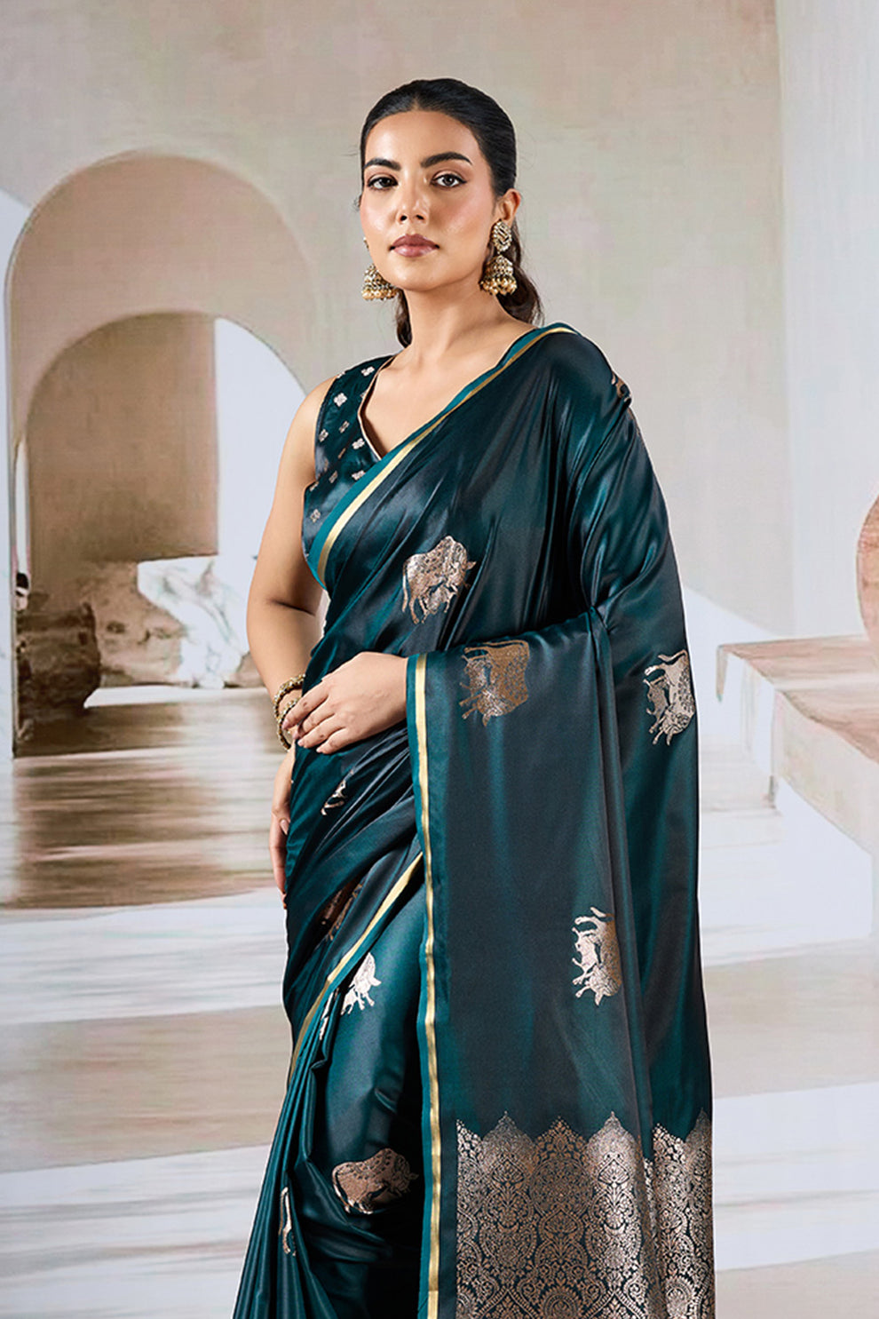 Green Pure Soft Satin Pichwai Handloom Weaving Saree ##color## Japan Satin Saree with premium fabric and embroidery