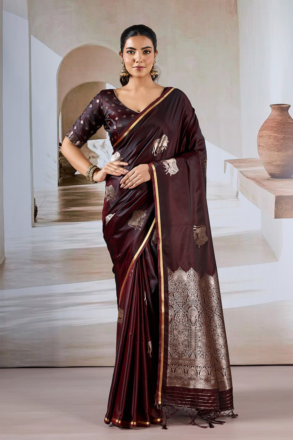 Maroon Pure Soft Satin Pichwai Handloom Weaving Saree ##color## Japan Satin Saree with premium fabric and embroidery